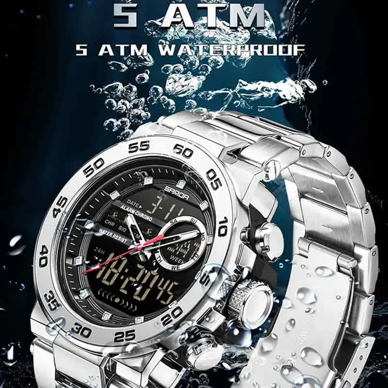 SANDA Fashion Men's Electronic Watches Sports Multifunctional Waterproof Large Dial Three Pin Double Display Men's Wristwatches