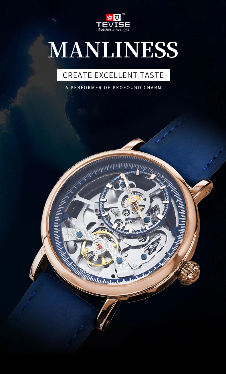 TEVISE Automatic Mechanical Watch for Men Skeleton Watch Luminous Hands Fashion&Business Watch with Leather Strap Waterproof