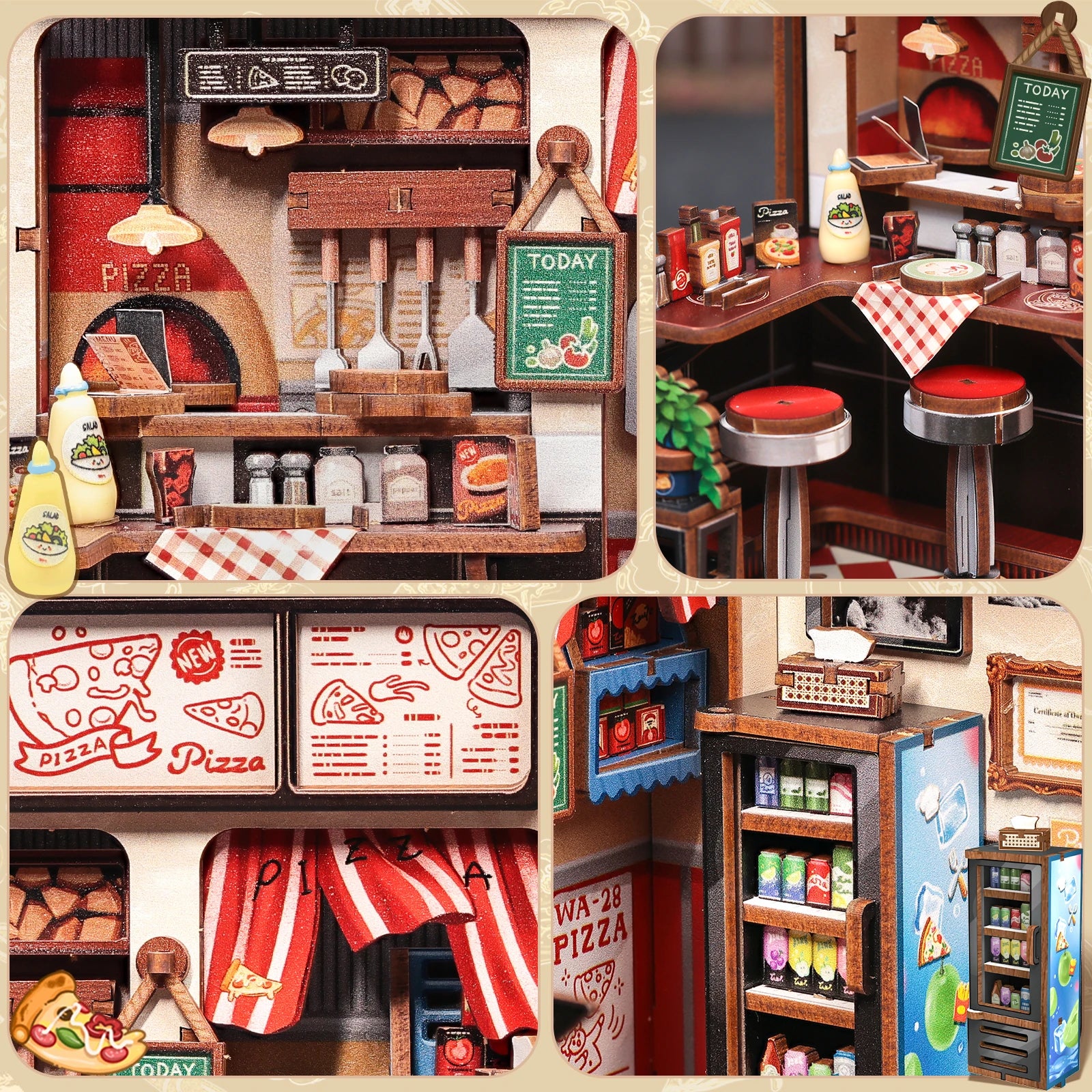 CUTEBEE Book Nook Kit DIY Doll House with LED Light Bookshelf Insert Uncle Joe's Pizzeria Miniature Model For Party Family Gift