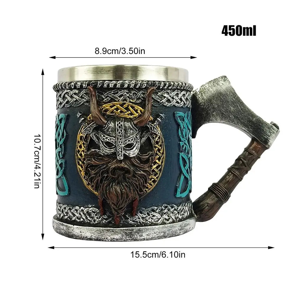 Viking Stainless Steel Single Handle Horn Skull Beer Stein Cup, Nordic Viking Warrior Skull Mug Tankard Halloween Bar Drinkware
