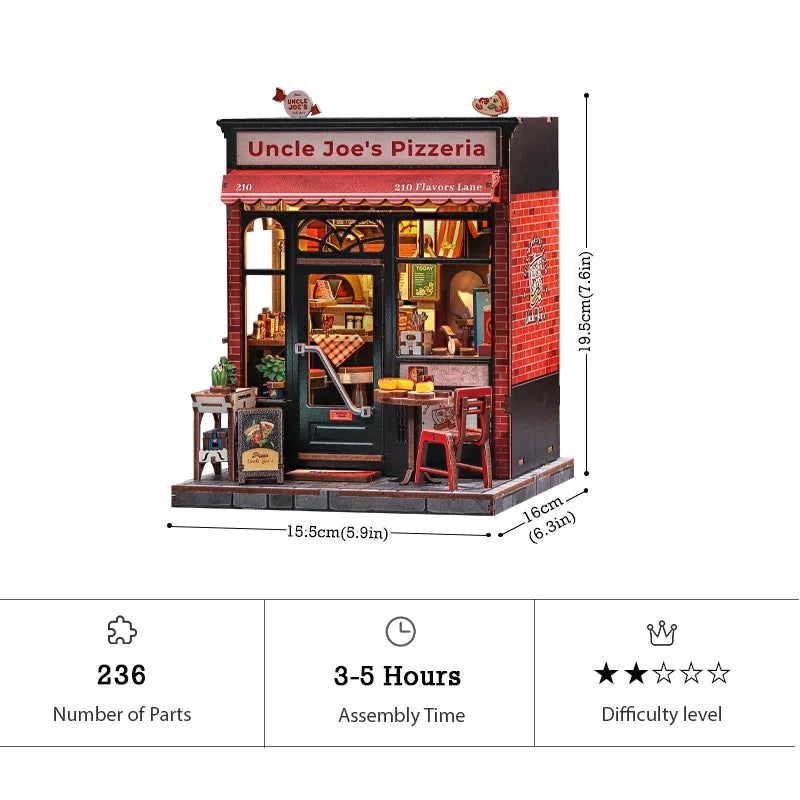 CUTEBEE Book Nook Kit DIY Doll House with LED Light Bookshelf Insert Uncle Joe's Pizzeria Miniature Model For Party Family Gift