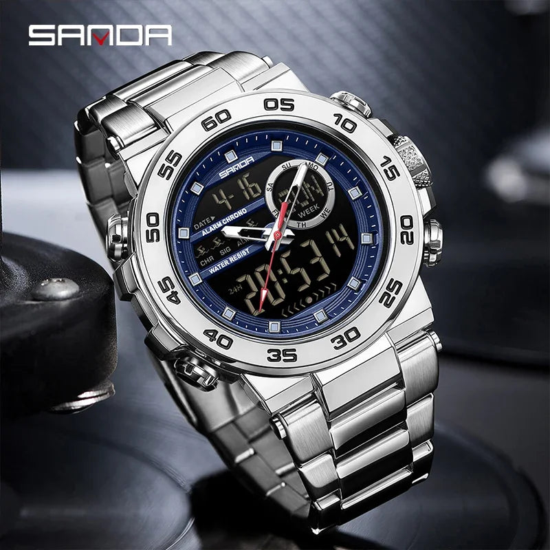 SANDA Fashion Men's Electronic Watches Sports Multifunctional Waterproof Large Dial Three Pin Double Display Men's Wristwatches