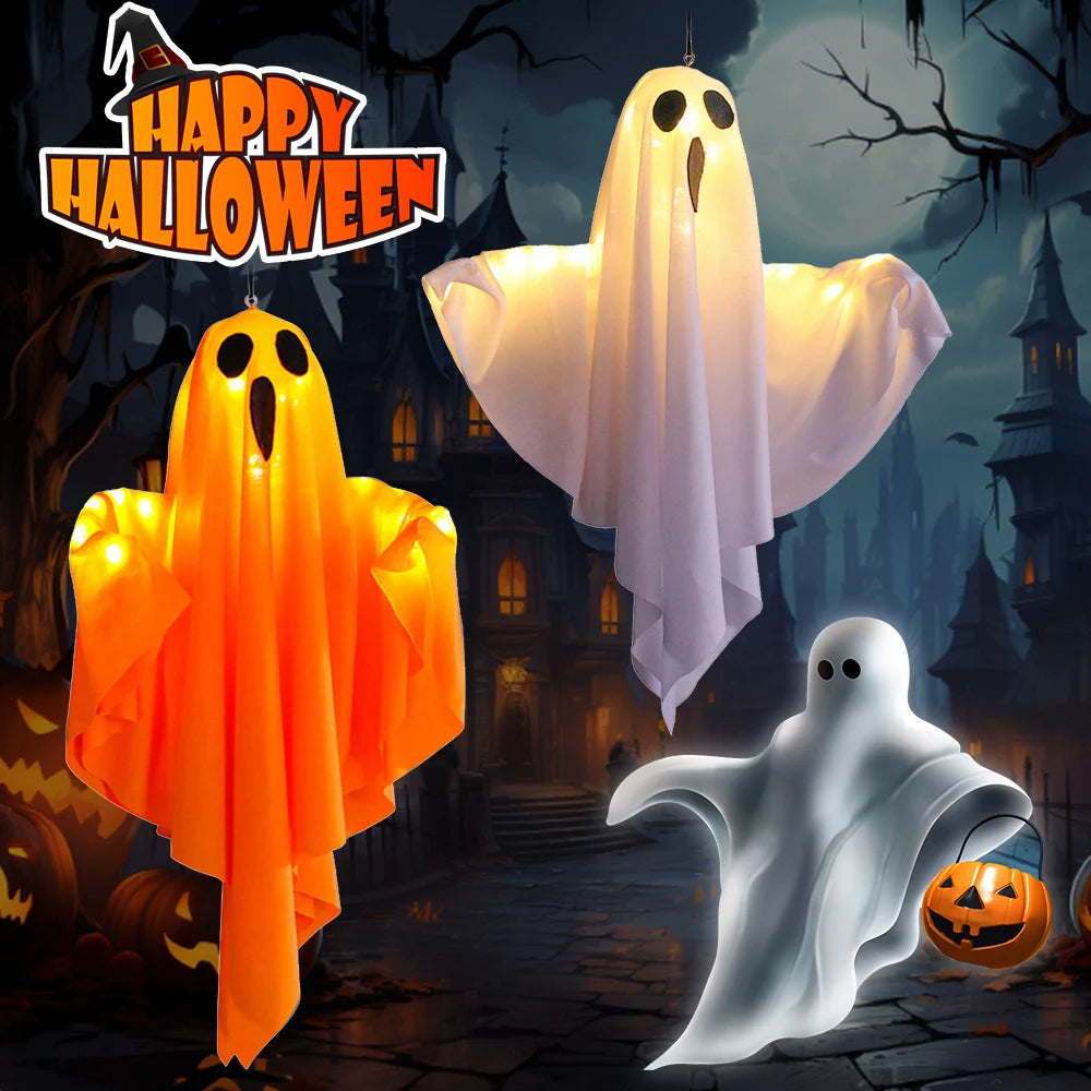 Spooky Ghost Halloween Decor Waterproof Halloween Glowing White Ghost Glowing Door Hanging Ghost for Halloween Garden Home Decor