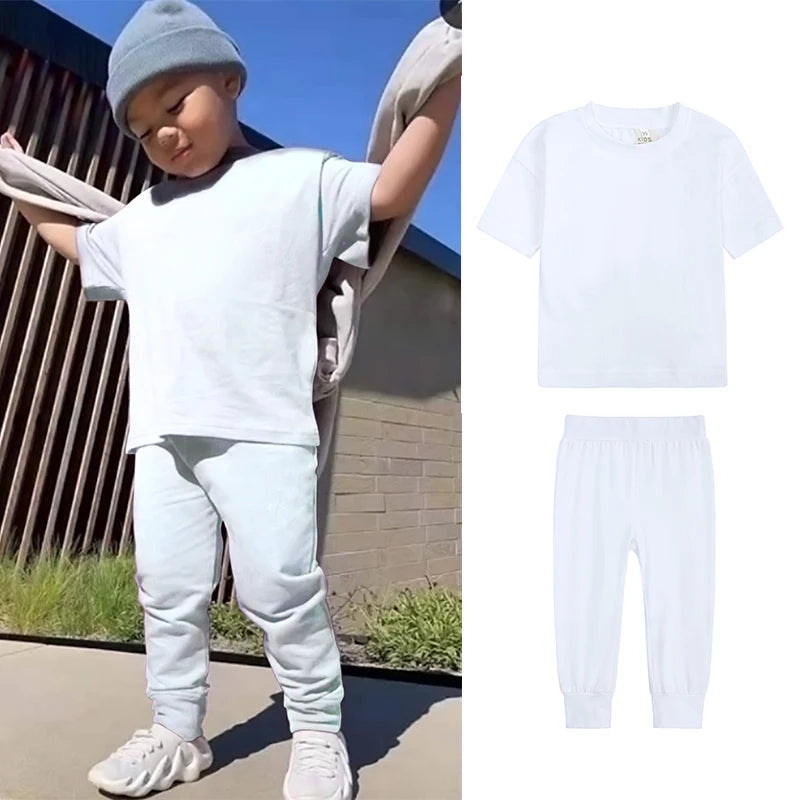 Kids Summer Tracksuit Solid Color Baby Children Outwear Clothes Cotton T-shirt+Pants Suits Toddler Boy Girl Casual Costume