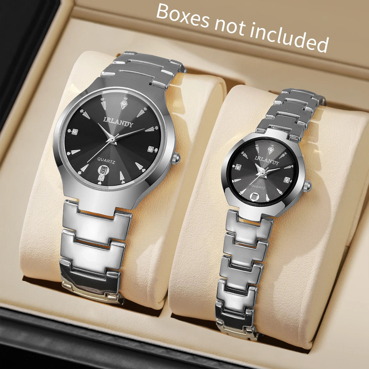 2PCS Fashion Couple Watches Set Luxury Steel Band Men Calendar Watch Women Quartz Wristwatch Clock Gift (Without Box)