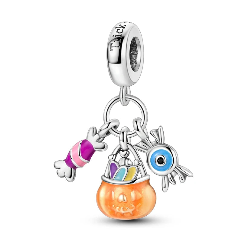 Funny 925 Sterling Silver Witch,Pumpkin & Heart Skull Beads Charm Fits Brand Bracelet & Necklace Fine Halloween Jewelry Gifts