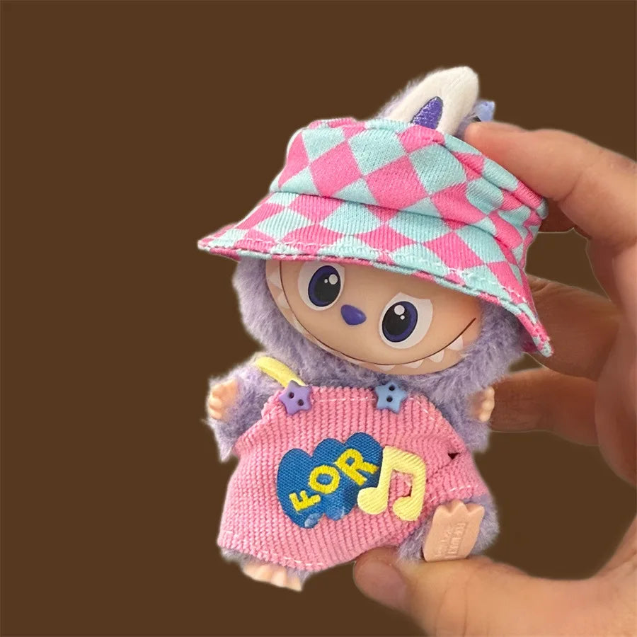 For Mini Labubu 4.0 The Monsters Pin for Love Series  Colored dopamine overalls with hat For Labubu V4 Clothing Accessories