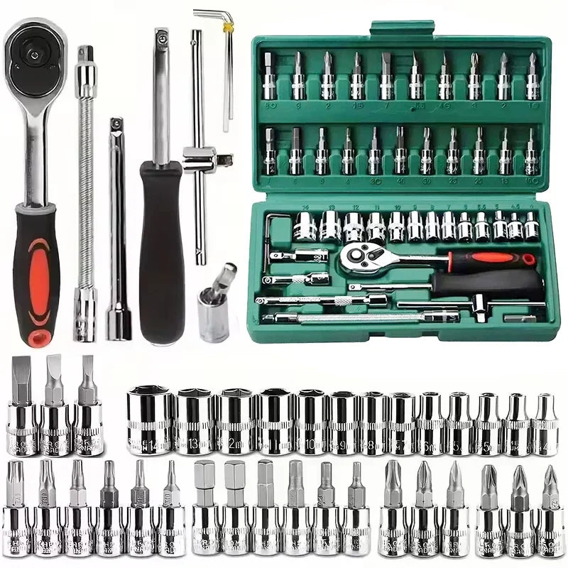 46-piece Set 1/4 Ratchet Wrench  Automobile Repair Tool with Hexagonal Sleeve Wrench Set Complete Set Quick Tool Quick Repair