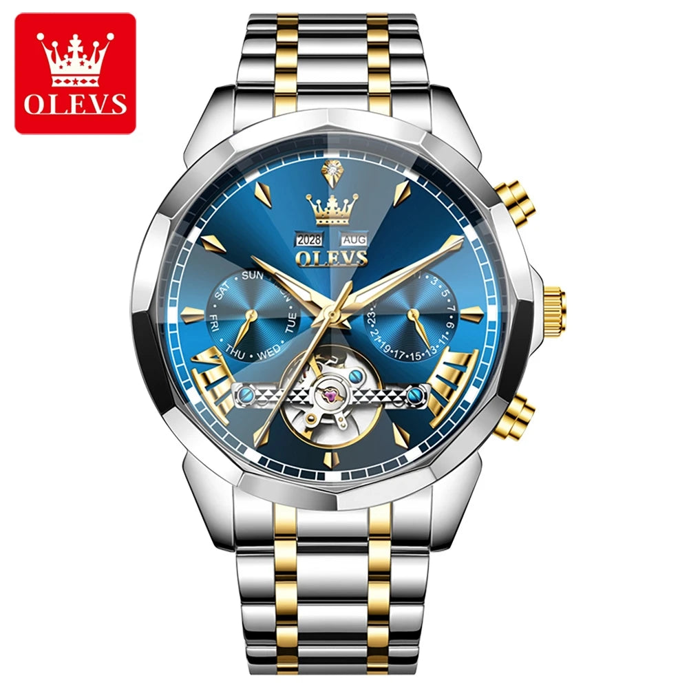 OLEVS 6619 Original Hollowed Automatic Watch Fashion Diamond Shaped Glass Skeleton Multifunctional Mechanical Wristwatch for Men