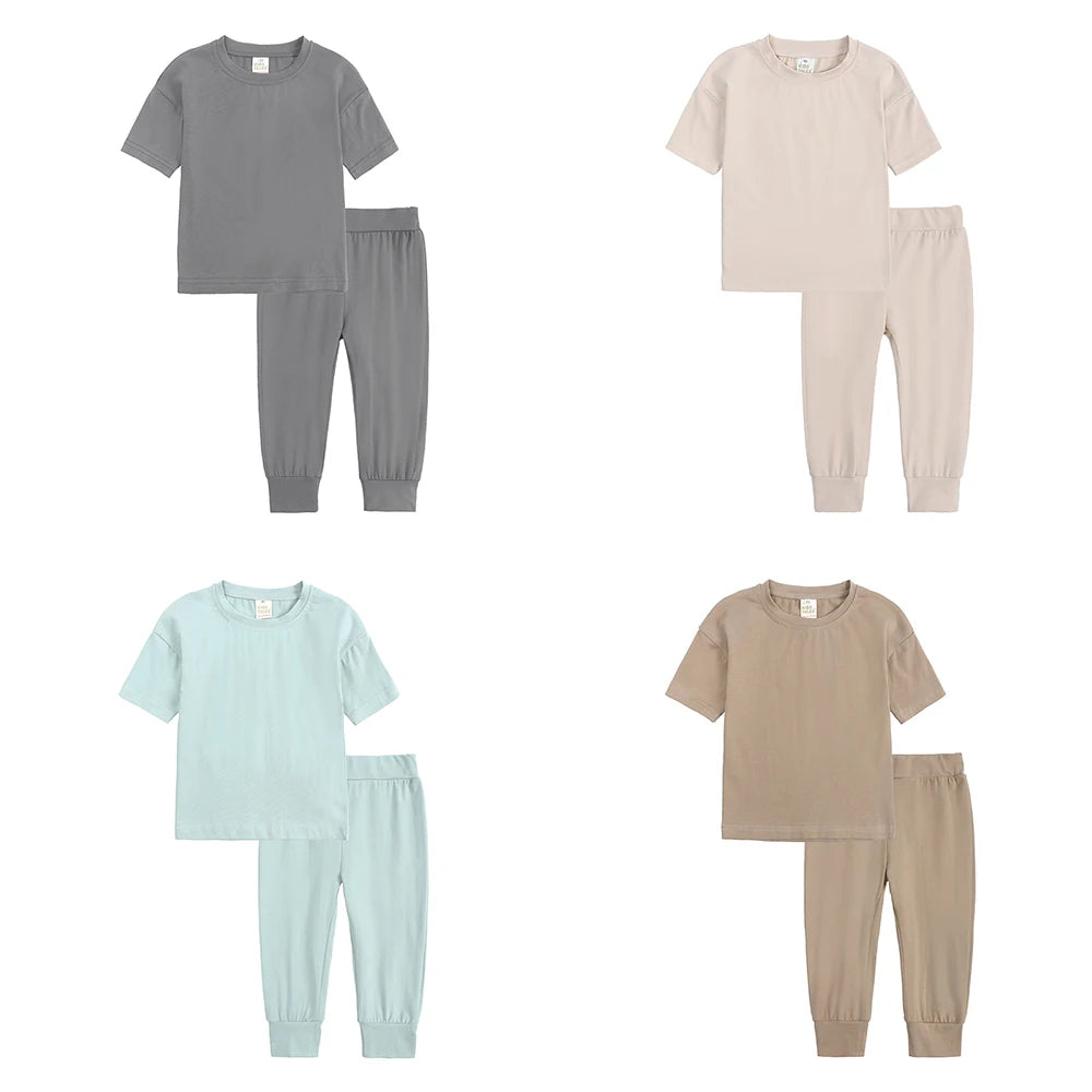 Kids Summer Tracksuit Solid Color Baby Children Outwear Clothes Cotton T-shirt+Pants Suits Toddler Boy Girl Casual Costume