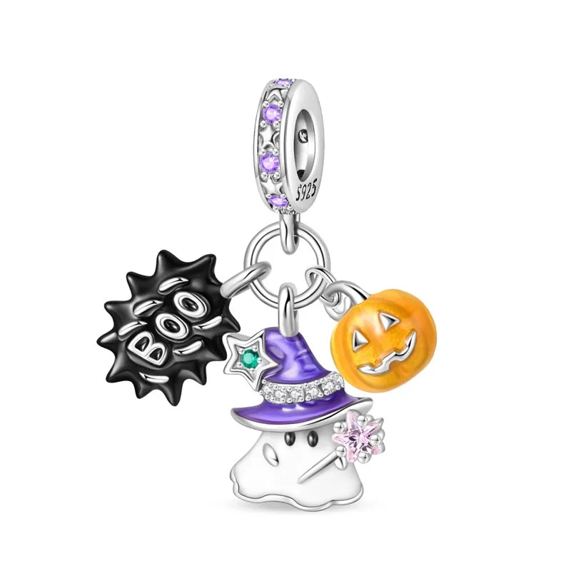 Funny 925 Sterling Silver Witch,Pumpkin & Heart Skull Beads Charm Fits Brand Bracelet & Necklace Fine Halloween Jewelry Gifts
