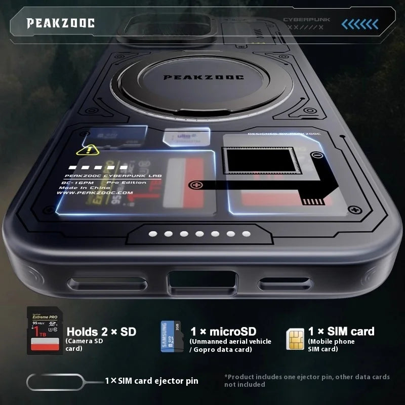 Peakzooc Cyber Memory Card Phone Case Magnetic Bracket SIM Card/SD/TF/Memory Card Storage Manager for IPhone 15/16 Pro Max Gift