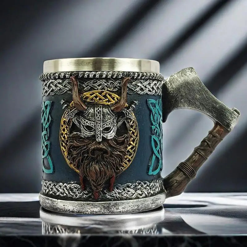 Viking Stainless Steel Single Handle Horn Skull Beer Stein Cup, Nordic Viking Warrior Skull Mug Tankard Halloween Bar Drinkware
