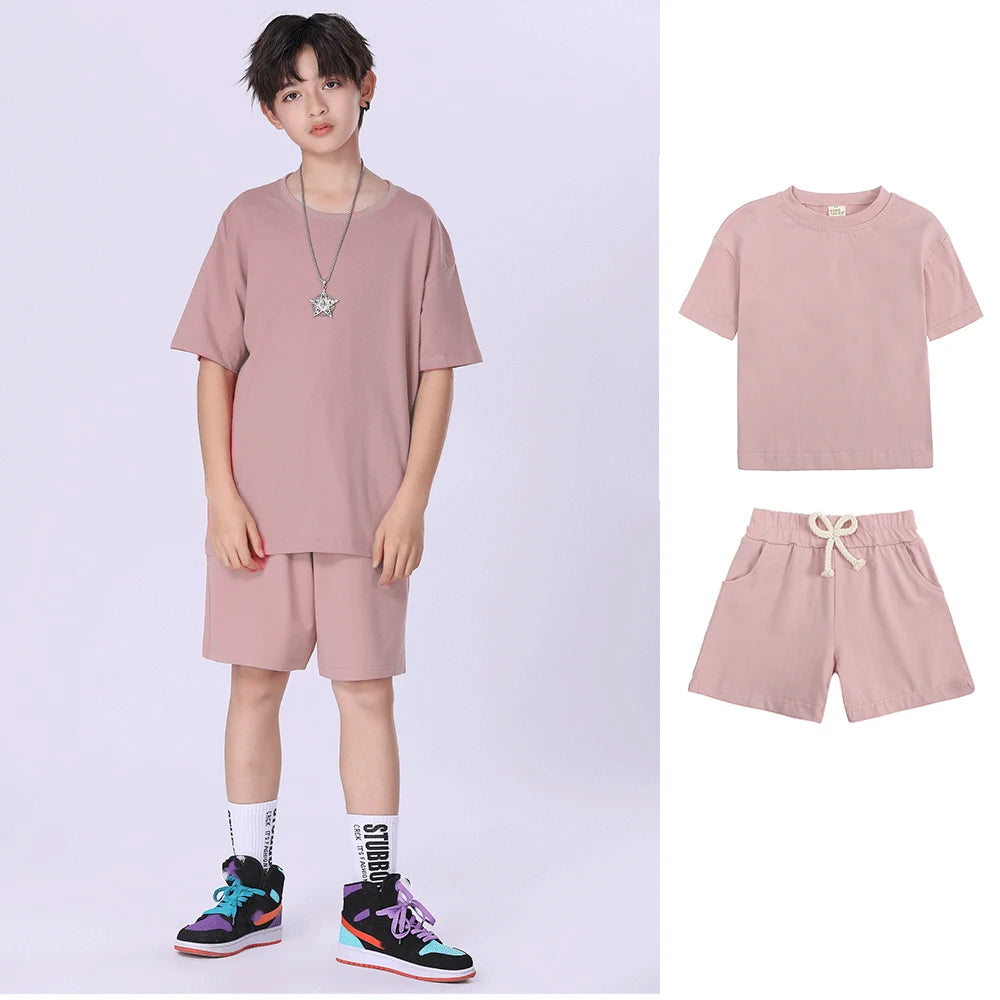 Kids Summer Tracksuit Solid Color Baby Children Outwear Clothes Cotton T-shirt+Pants Suits Toddler Boy Girl Casual Costume