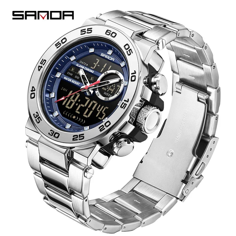 SANDA Fashion Men's Electronic Watches Sports Multifunctional Waterproof Large Dial Three Pin Double Display Men's Wristwatches