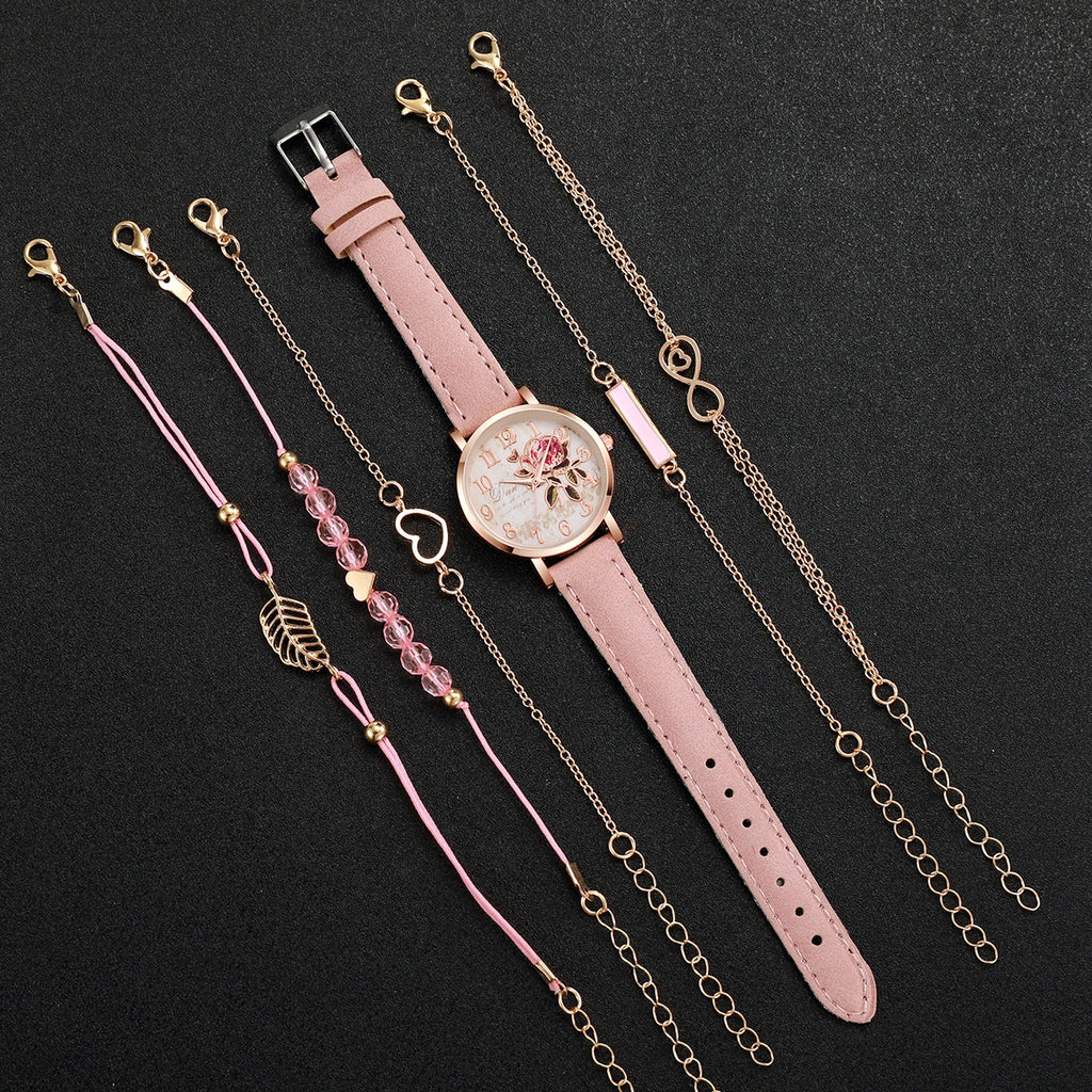 PU leather strap women's quartz watch pink dial, pink strap set, 6-piece set