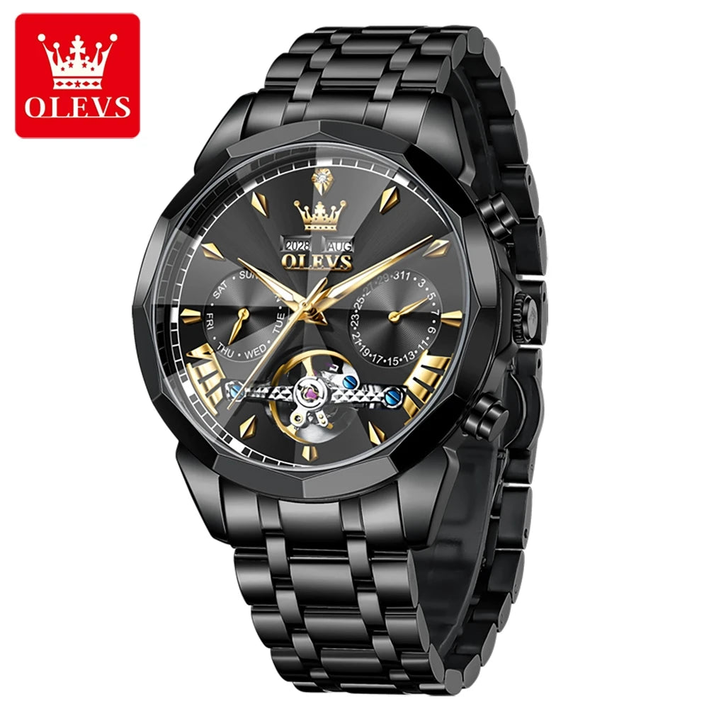 OLEVS 6619 Original Hollowed Automatic Watch Fashion Diamond Shaped Glass Skeleton Multifunctional Mechanical Wristwatch for Men