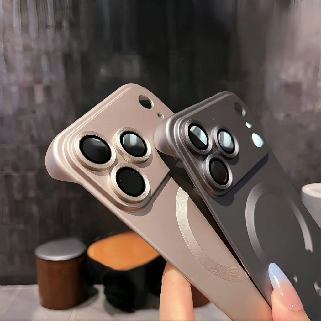 Luxury Plating Frameless Magsafe Case for iPhone 17 Pro Max Air Lens Film Ultra Thin PC Cover for iPhone 13 14 12 15 16 Pro Max