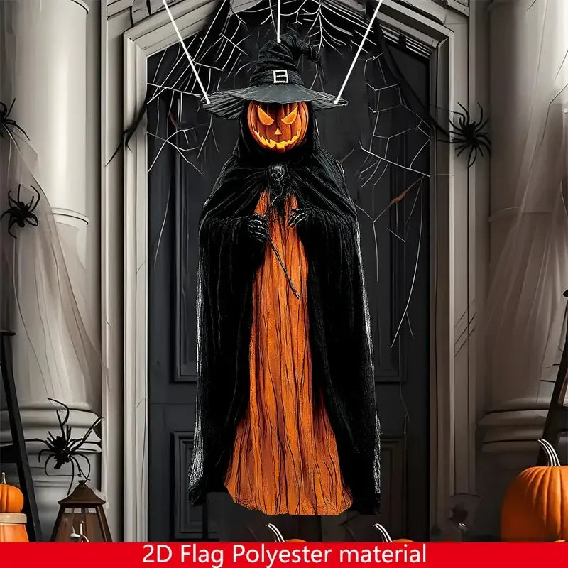 3PC Halloween Pumpkin Decoration Flag Outdoor/Indoor Horror Theme with Skull Gauze And Witch Hat Suitable for Spooky Atmosphere