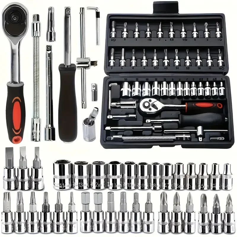 46-piece Set 1/4 Ratchet Wrench  Automobile Repair Tool with Hexagonal Sleeve Wrench Set Complete Set Quick Tool Quick Repair