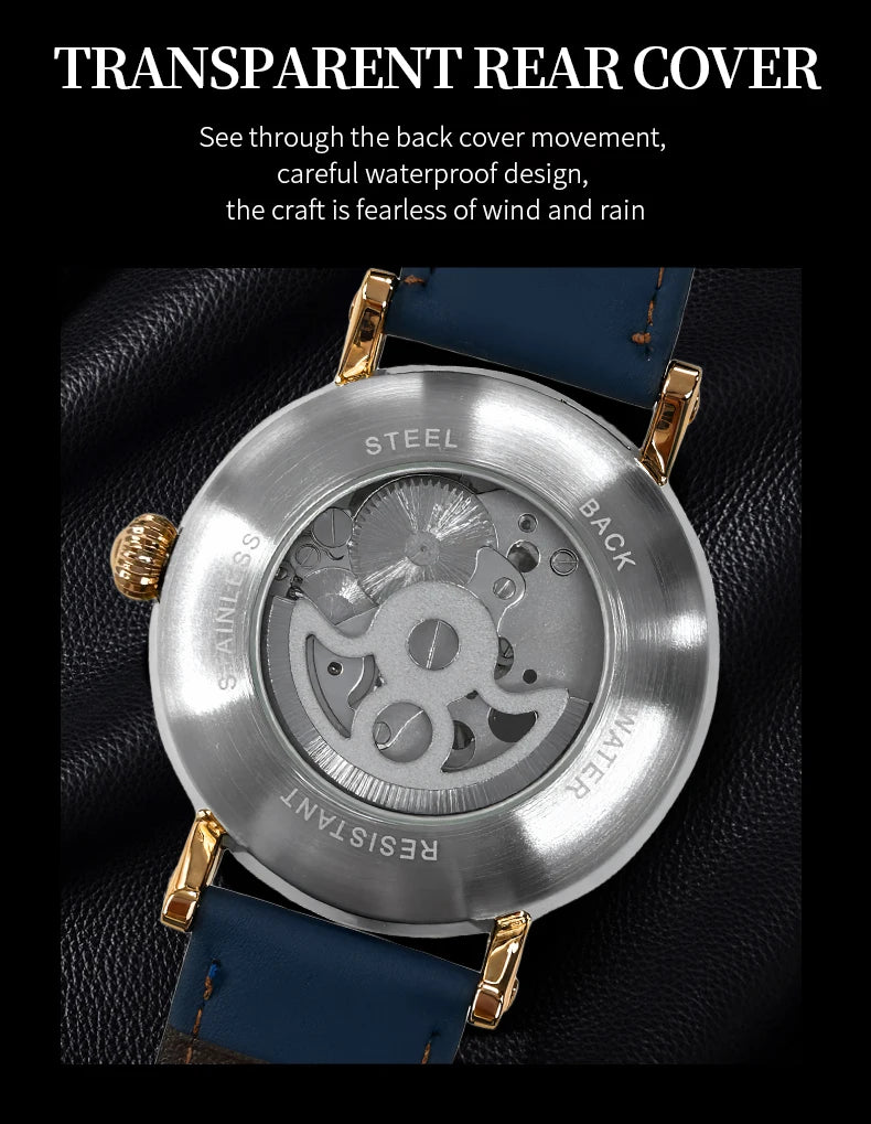 TEVISE Automatic Mechanical Watch for Men Skeleton Watch Luminous Hands Fashion&Business Watch with Leather Strap Waterproof