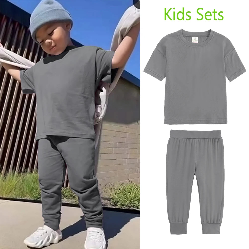 Kids Summer Tracksuit Solid Color Baby Children Outwear Clothes Cotton T-shirt+Pants Suits Toddler Boy Girl Casual Costume