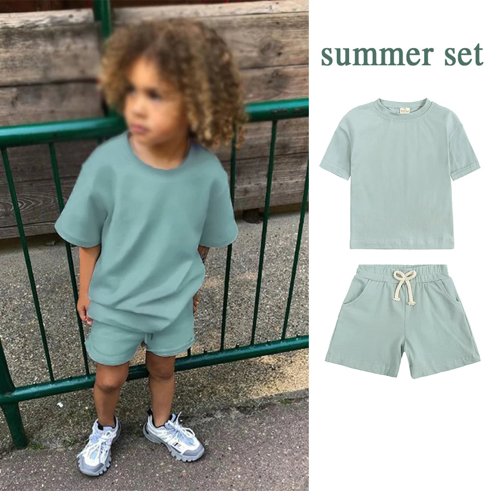 Kids Summer Tracksuit Solid Color Baby Children Outwear Clothes Cotton T-shirt+Pants Suits Toddler Boy Girl Casual Costume