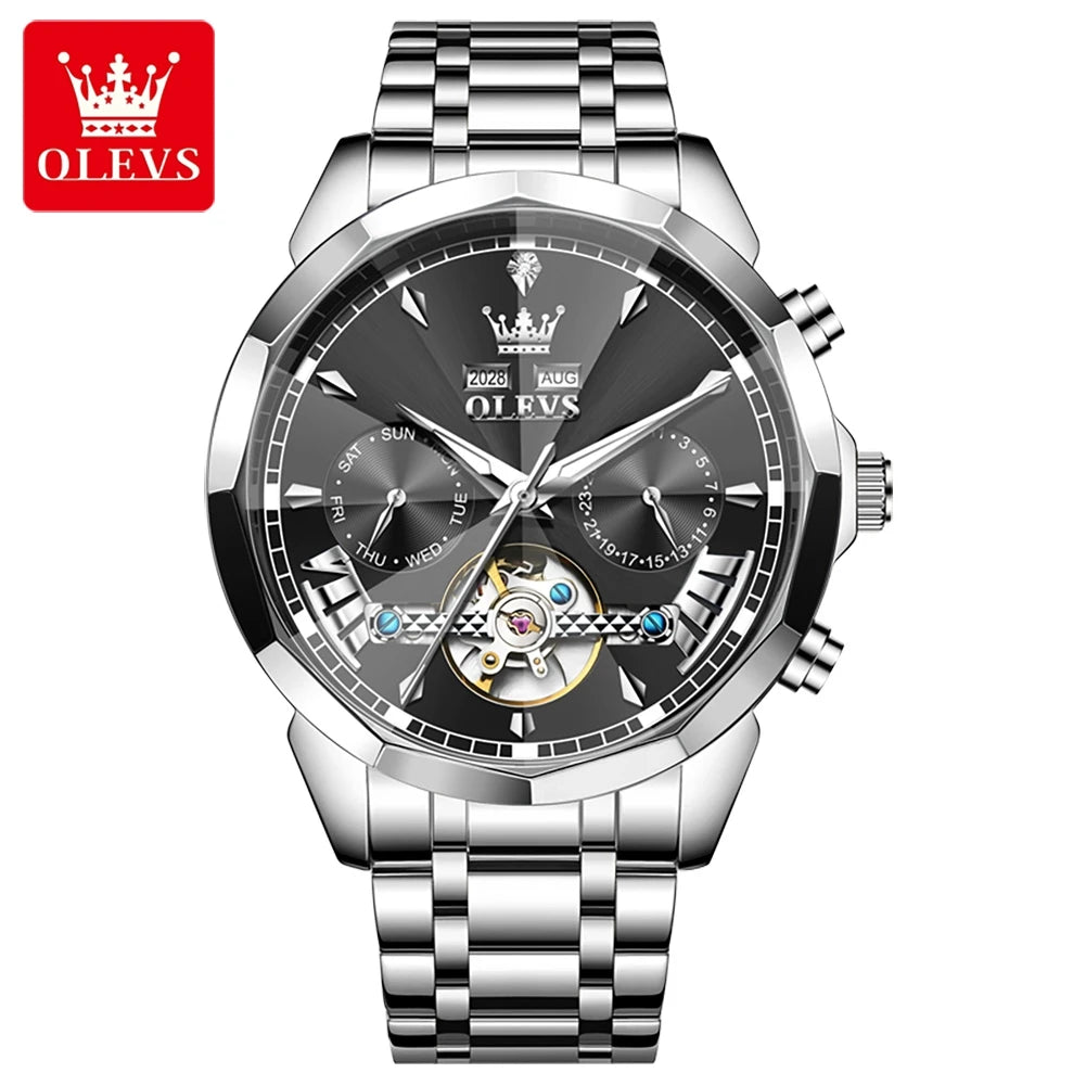 OLEVS 6619 Original Hollowed Automatic Watch Fashion Diamond Shaped Glass Skeleton Multifunctional Mechanical Wristwatch for Men