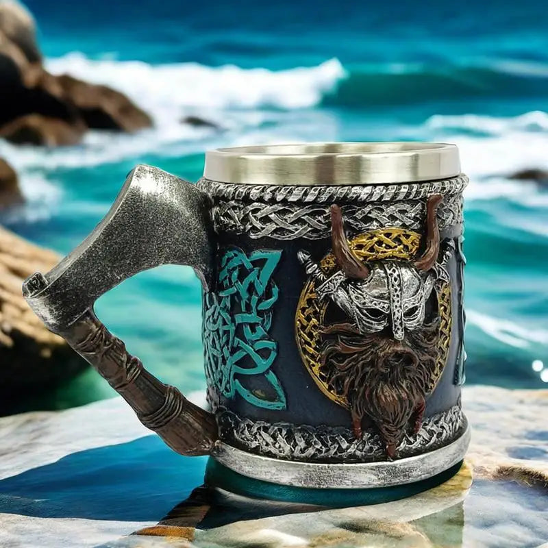 Viking Stainless Steel Single Handle Horn Skull Beer Stein Cup, Nordic Viking Warrior Skull Mug Tankard Halloween Bar Drinkware