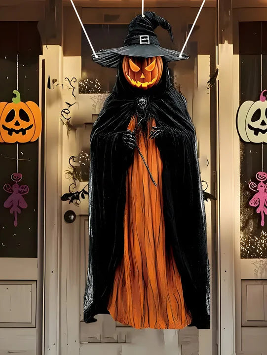 3PC Halloween Pumpkin Decoration Flag Outdoor/Indoor Horror Theme with Skull Gauze And Witch Hat Suitable for Spooky Atmosphere