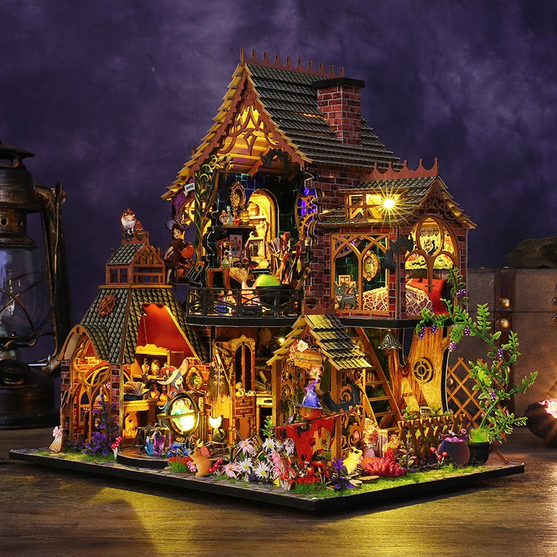 Wooden Dollhouse 3D Puzzle Small House Kit Handmade Assembly Model Building Room Bedroom With Furniture LED Lights Xmas Gifts