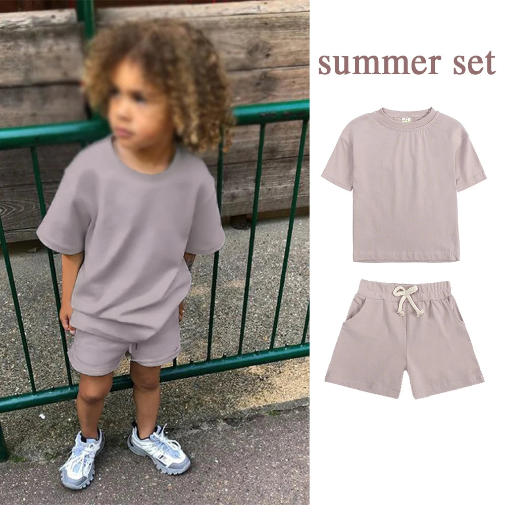 Kids Summer Tracksuit Solid Color Baby Children Outwear Clothes Cotton T-shirt+Pants Suits Toddler Boy Girl Casual Costume