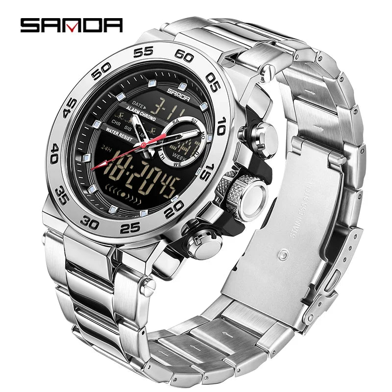 SANDA Fashion Men's Electronic Watches Sports Multifunctional Waterproof Large Dial Three Pin Double Display Men's Wristwatches