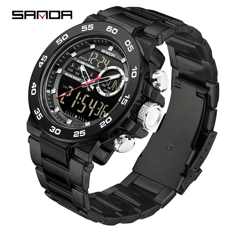 SANDA Fashion Men's Electronic Watches Sports Multifunctional Waterproof Large Dial Three Pin Double Display Men's Wristwatches