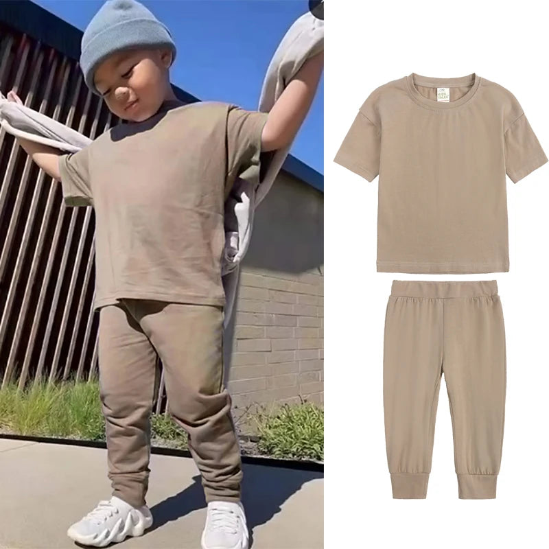 Kids Summer Tracksuit Solid Color Baby Children Outwear Clothes Cotton T-shirt+Pants Suits Toddler Boy Girl Casual Costume